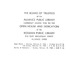 Invitation to the open house and dedication of Rodman Public Library
